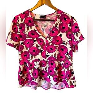 New Frank and Oak women's floral short sleeves top high low V-neck XS hot pink